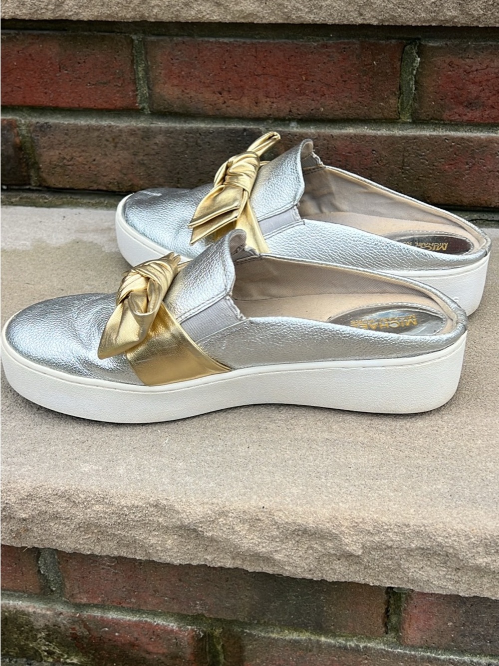 Michael Kors Metallic Silver Slip-On Mules with Gold Knot - Picture 6 of 9